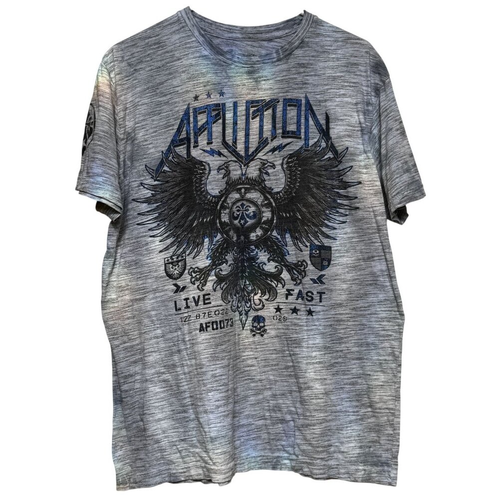 AFFLICTION Live Fast Eagle Bird Logo Grey Blue Short Sleeve T-Shirt Men's size L